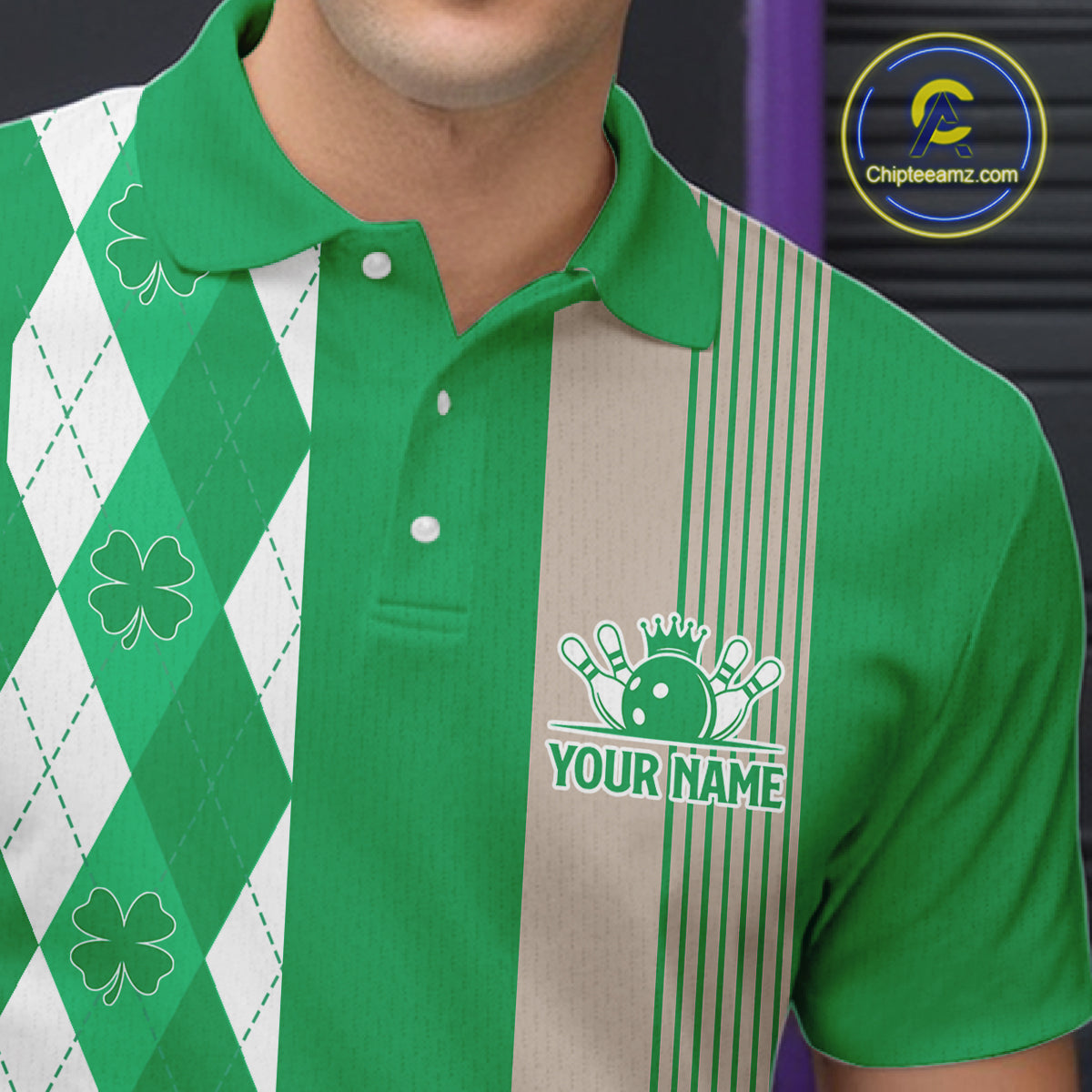 Retro Green argyle pattern shamrock Bowling shirts For Men custom St Patrick Day bowling team jersey NQS11667