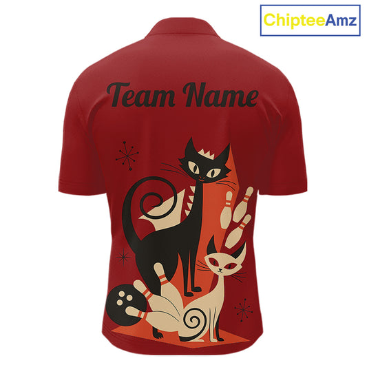 Custom retro bowling shirts Cat Bowling jersey for men Team Bowling Polo, 1/4 Zip Shirts | Red NQS11669
