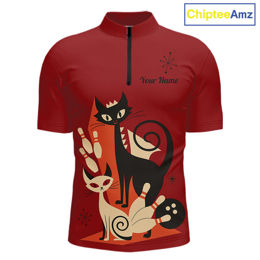 Custom retro bowling shirts Cat Bowling jersey for men Team Bowling Polo, 1/4 Zip Shirts | Red NQS11669