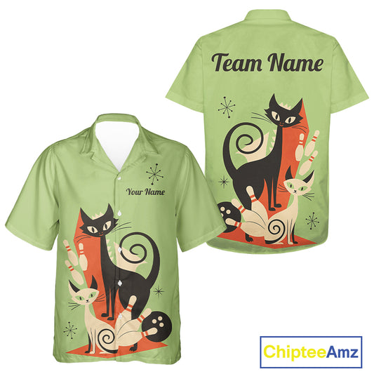 Custom retro bowling Hawaiian shirts Cat Bowling jersey Team Bowling button up Shirt | Green NQS11670