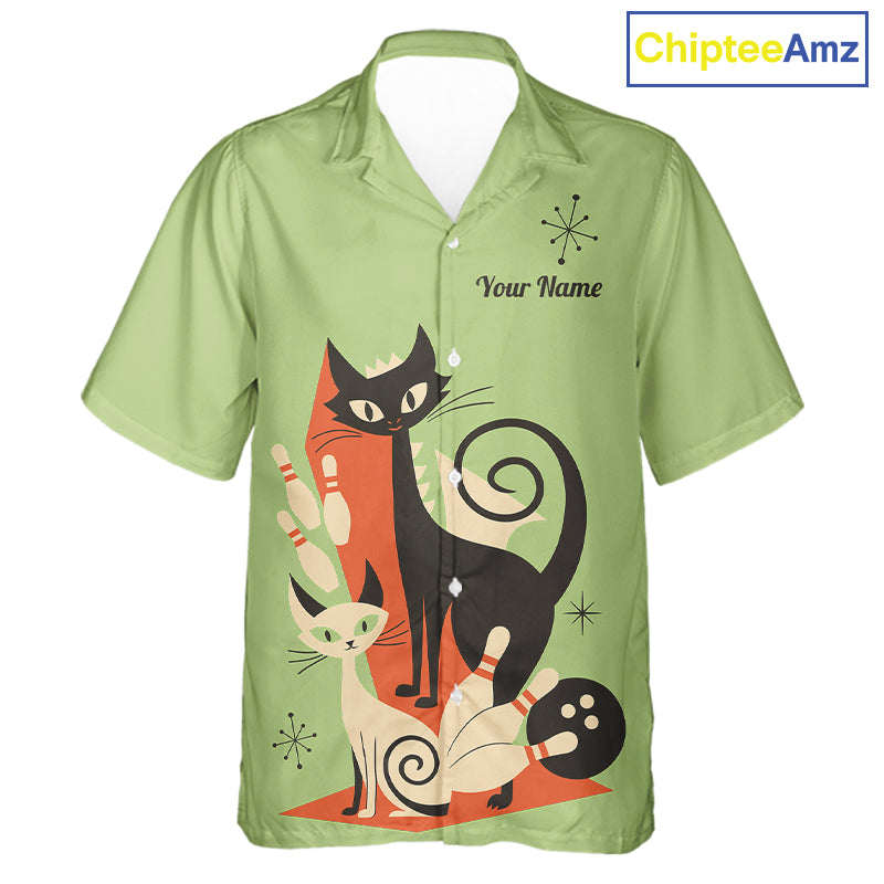 Custom retro bowling Hawaiian shirts Cat Bowling jersey Team Bowling button up Shirt | Green NQS11670