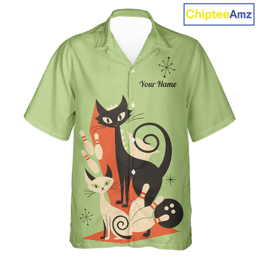 Custom retro bowling Hawaiian shirts Cat Bowling jersey Team Bowling button up Shirt | Green NQS11670