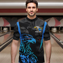 Load image into Gallery viewer, Black and Blue Tribal Eagle Bowling Polo, Quarter Zip Shirts For Men Custom Eagle Bowling Team Shirt NQS9716