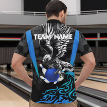 Load image into Gallery viewer, Black and Blue Tribal Eagle Bowling Polo, Quarter Zip Shirts For Men Custom Eagle Bowling Team Shirt NQS9716
