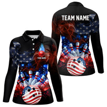 Load image into Gallery viewer, Personalized Smoke American Flag Bowling Team Shirts For Women Custom Patriotic Bowling Gifts NQS9717