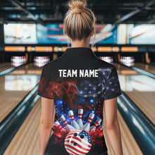 Load image into Gallery viewer, Personalized Smoke American Flag Bowling Team Shirts For Women Custom Patriotic Bowling Gifts NQS9717
