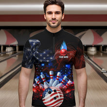 Load image into Gallery viewer, Personalized Smoke American Flag Bowling Team Shirts For Men Custom Patriotic Bowling Gifts For Bowler NQS9717