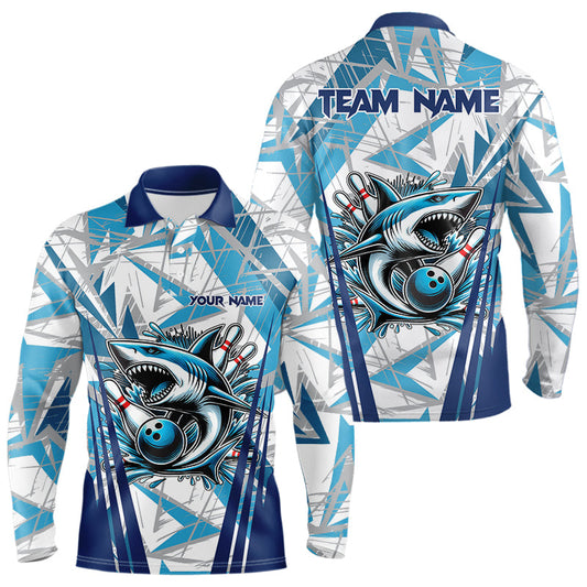 Personalized Blue Camo Shark Bowling Team Shirts For Men Custom Shark Bowling Polo, Quarter Zip Shirt NQS9719