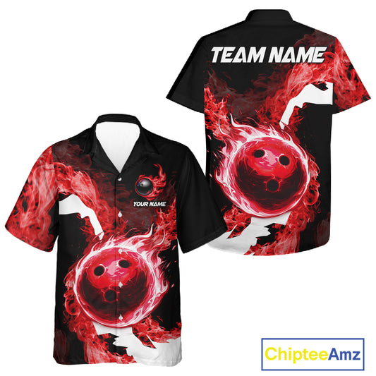 Red Flame Fire Bowling Hawaiian Shirt Custom Bowling Team Jersey Bowling Button-up Shirts NQS11751