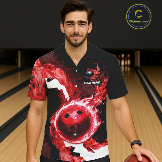 Red Flame Fire Bowling Hawaiian Shirt Custom Bowling Team Jersey Bowling Button-up Shirts NQS11751