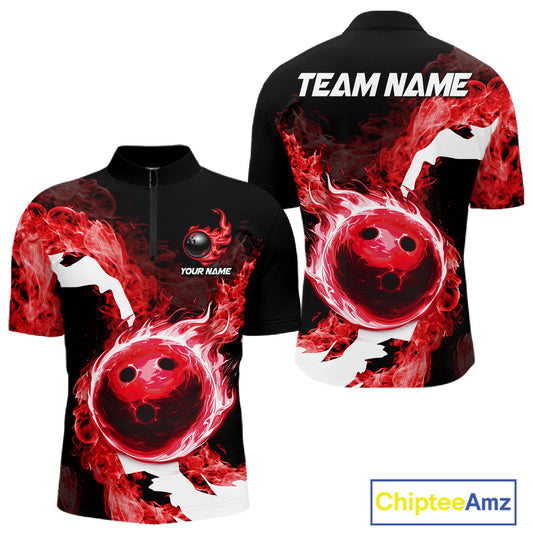 Red Flame Fire Bowling Shirts for Men Custom Bowling Team Jersey Bowling Polo & Quarter-Zip Shirts NQS11751
