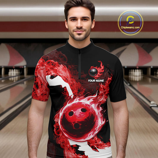 Red Flame Fire Bowling Shirts for Men Custom Bowling Team Jersey Bowling Polo & Quarter-Zip Shirts NQS11751