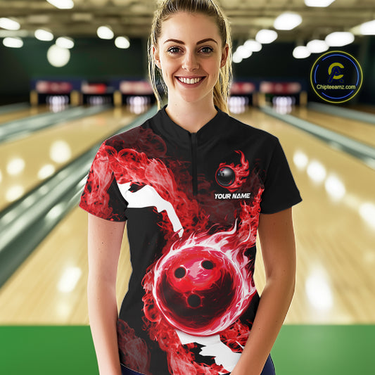 Red Flame Fire Bowling Shirts for Women Custom Bowling Team Jersey Bowling Polo & Quarter-Zip Shirts NQS11751