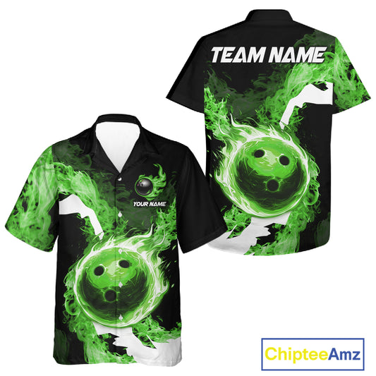 Green Flame Fire Bowling Hawaiian Shirt Custom Bowling Team Jersey Bowling Button-up Shirts NQS11752