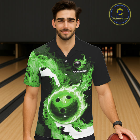 Green Flame Fire Bowling Hawaiian Shirt Custom Bowling Team Jersey Bowling Button-up Shirts NQS11752