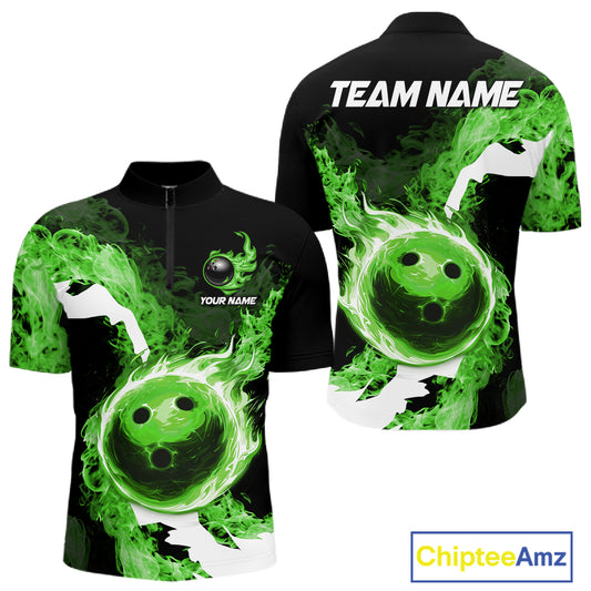 Green Flame Fire Bowling Shirts for Men Custom Bowling Team Jersey Bowling Polo & Quarter-Zip Shirts NQS11752