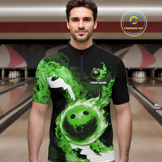Green Flame Fire Bowling Shirts for Men Custom Bowling Team Jersey Bowling Polo & Quarter-Zip Shirts NQS11752