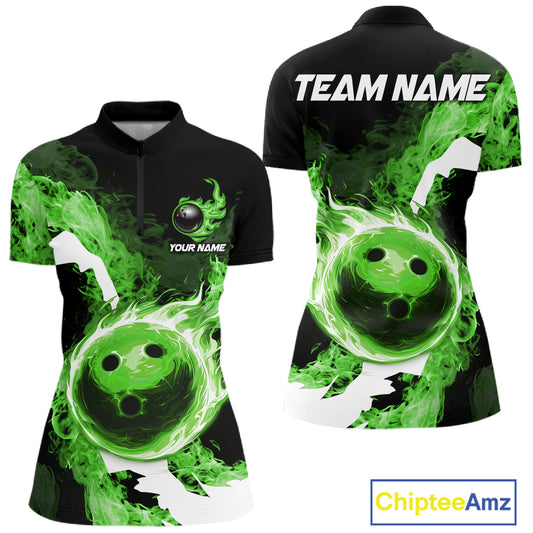 Green Flame Fire Bowling Shirts for Women Custom Bowling Team Jersey Bowling Polo & Quarter-Zip Shirts NQS11752