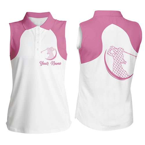 Womens sleeveless golf polo shirt custom name white and pink golf outfit women, personalized golf gift NQS5497