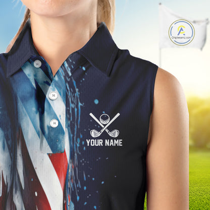 American flag Navy Blue Women sleeveless golf polo shirts Custom team patriotic golf top for ladies NQS9979