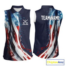 Load image into Gallery viewer, American flag Navy Blue Women sleeveless golf polo shirts Custom team patriotic golf top for ladies NQS9979