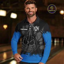 Load image into Gallery viewer, Black and Blue Funny Bowling Polo, Quarter Zip Shirt for Men Custom Bowling Team Jersey NQS9982