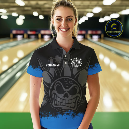 Black and Blue Funny Bowling Polo, Quarter Zip Shirt for Women Custom Bowling Team Jersey NQS9982
