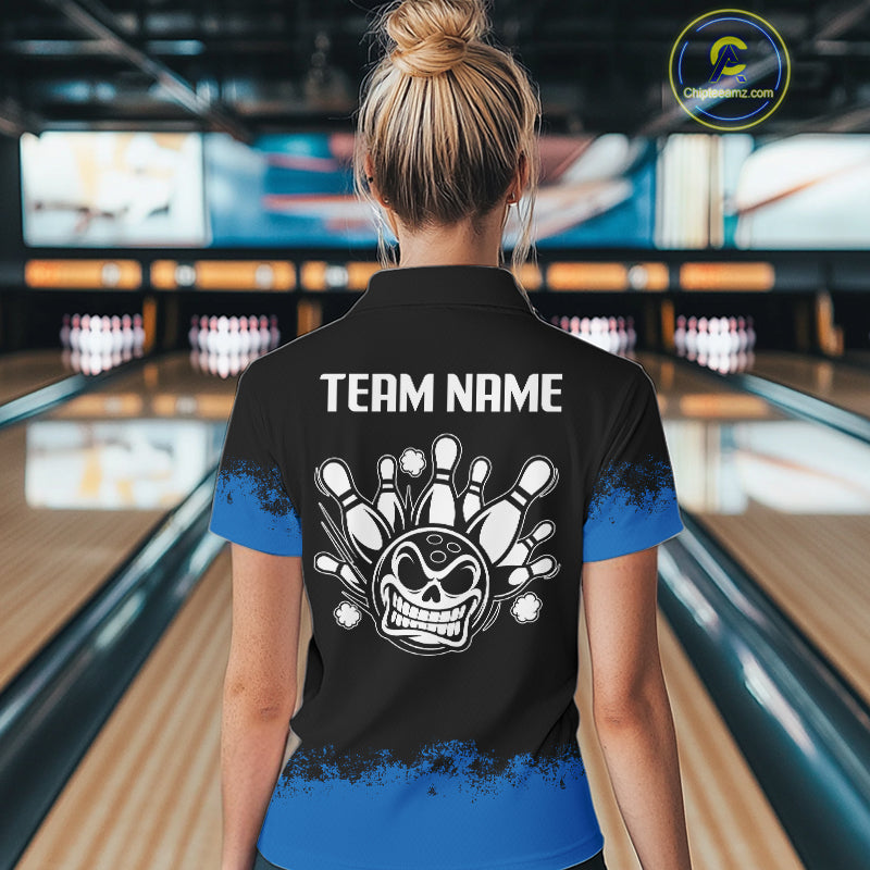 Black and Blue Funny Bowling Polo, Quarter Zip Shirt for Women Custom Bowling Team Jersey NQS9982