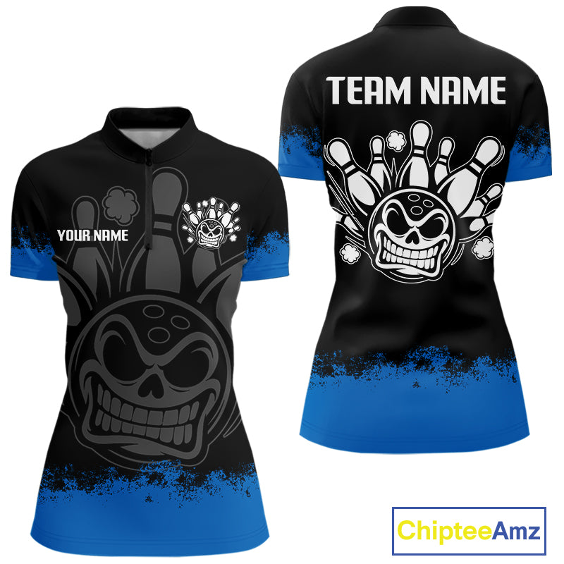 Black and Blue Funny Bowling Polo, Quarter Zip Shirt for Women Custom Bowling Team Jersey NQS9982