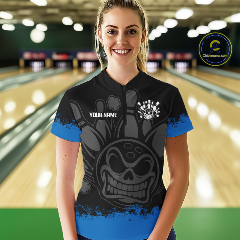 Black and Blue Funny Bowling Polo, Quarter Zip Shirt for Women Custom Bowling Team Jersey NQS9982