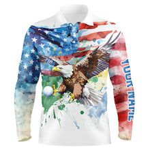 Load image into Gallery viewer, Watercolor American Flag Eagle golf ball custom Mens golf polo shirts, patriotic mens golf jerseys NQS7853