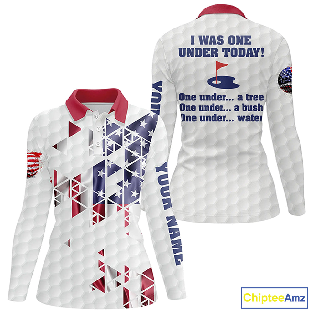 Funny Women golf polo shirts American Flag custom I was one under today, under a tree, bush, water NQS7854