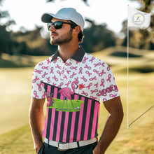 Load image into Gallery viewer, Pink ribbon pattern flamingo Men golf polo shirts Custom breast cancer awareness golf outfit for men NQS10149