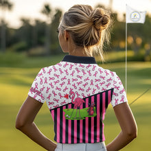 Load image into Gallery viewer, Pink ribbon pattern flamingo Women golf polo shirts Custom breast cancer awareness ladies golf outfit NQS10149