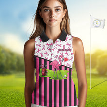 Load image into Gallery viewer, Pink ribbon pattern flamingo Women sleeveless polo shirt Custom breast cancer awareness golf outfit NQS10149