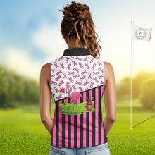 Load image into Gallery viewer, Pink ribbon pattern flamingo Women sleeveless polo shirt Custom breast cancer awareness golf outfit NQS10149