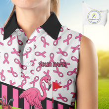 Load image into Gallery viewer, Pink ribbon pattern flamingo Women sleeveless polo shirt Custom breast cancer awareness golf outfit NQS10149