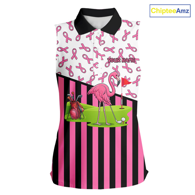 Pink ribbon pattern flamingo Women sleeveless polo shirt Custom breast cancer awareness golf outfit NQS10149