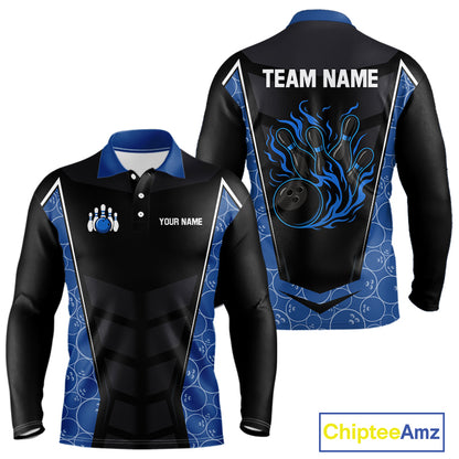 Black and Blue Camo Flame Mens Bowling Polo, quarter zip shirts Custom team bowling league jersey NQS10150