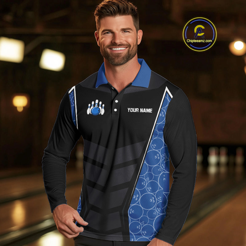 Black and Blue Camo Flame Mens Bowling Polo, quarter zip shirts Custom team bowling league jersey NQS10150
