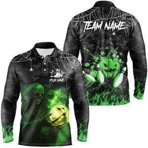 Black Bowling Camo Green flame Skull Custom Halloween Bowling Shirts For Men, Bowling Team Jerseys NQS8500