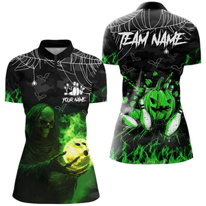 Black Bowling Camo Green flame Skull Custom Halloween Bowling Shirts For Women, Bowling Team Jerseys NQS8500