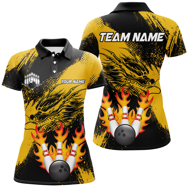 Black And Gold Custom Flame Dragon Bowling Shirts For Women, Dragon Retro Bowling Team Shirts NQS8505