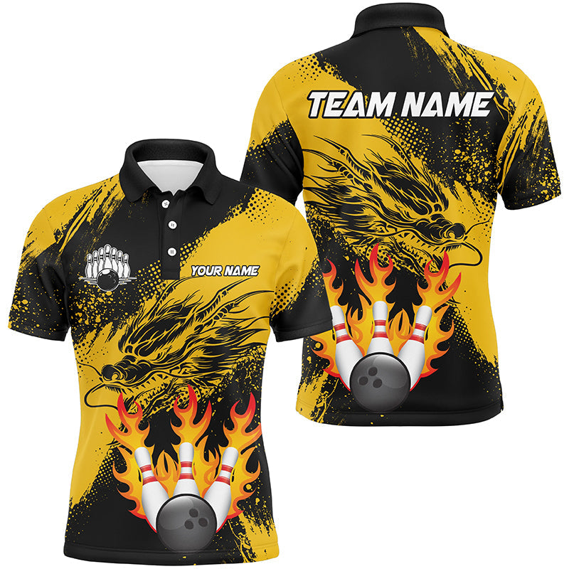 Black And Gold Custom Flame Dragon Bowling Shirts For Men, Dragon Retro Bowling Team Shirts NQS8505
