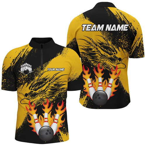 Black And Gold Custom Flame Dragon Bowling Shirts For Men, Dragon Retro Bowling Team Shirts NQS8505