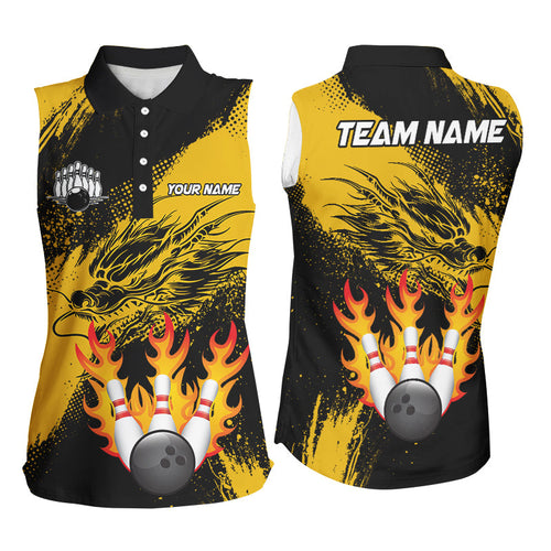 Black And Gold Custom Flame Dragon Bowling sleeveless polo Shirts, Dragon Retro Bowling Team Shirts NQS8505