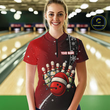 Load image into Gallery viewer, Custom Funny Christmas Bowling Shirts For Women, Black &amp; Red Gradient Xmas Bowling Outfit Bowler Gift NQS10692