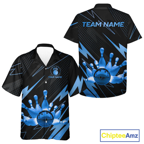 Custom Black and Blue Bowling Hawaiian shirts, Team Bowling League Button up shirt NQS10892