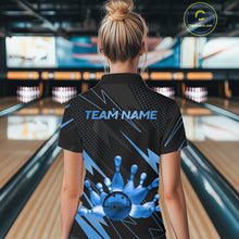 Load image into Gallery viewer, Custom Black and Blue Bowling Polo, Quarter Zip Shirts for Women, Team Bowling League Jersey NQS10892