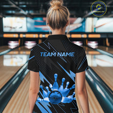 Load image into Gallery viewer, Custom Black and Blue Bowling Polo, Quarter Zip Shirts for Women, Team Bowling League Jersey NQS10892